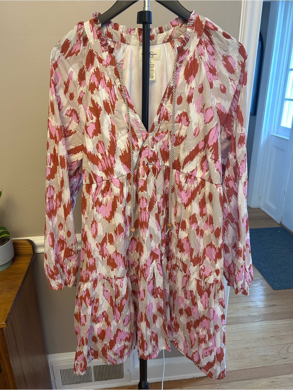 Jessica Simpson Pink & Rust Tiered Long-Sleeve Printed Dress